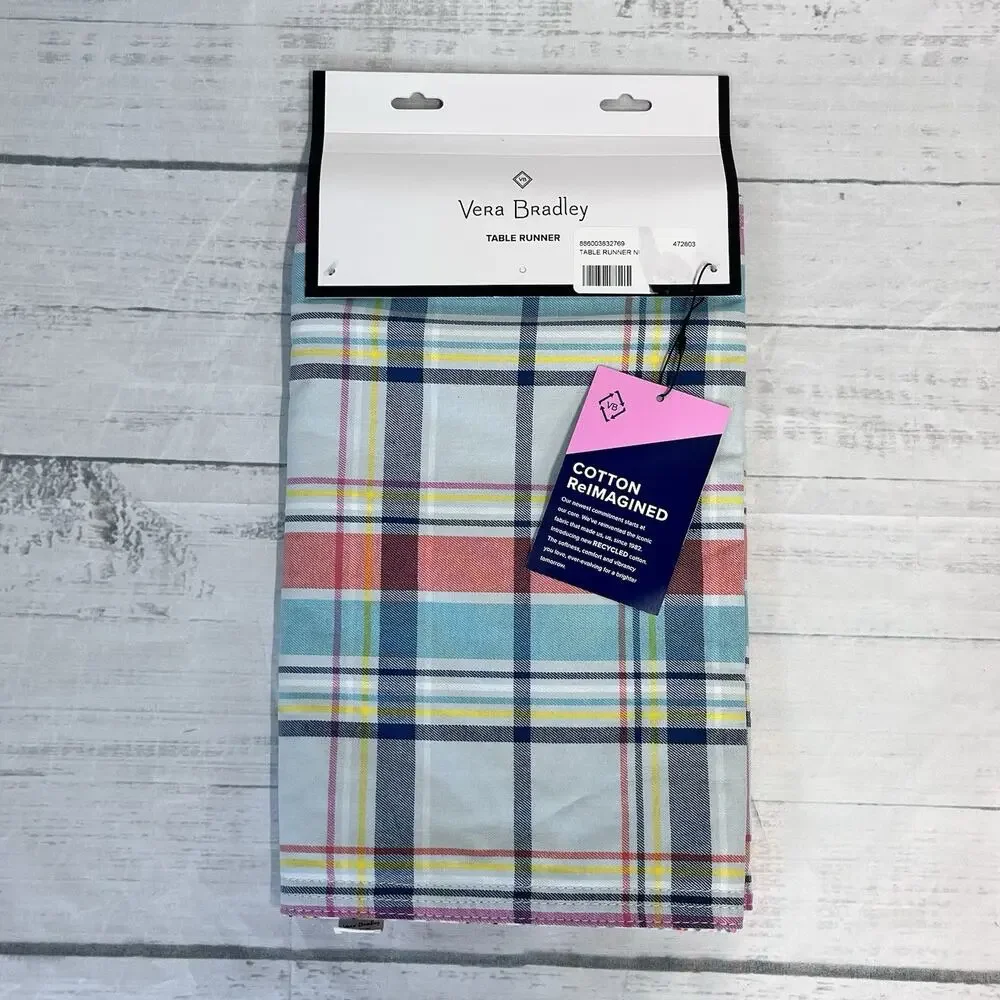 Vera Bradley Table Runner Pastel Plaid Green Yellow Coral Pink Blue 96